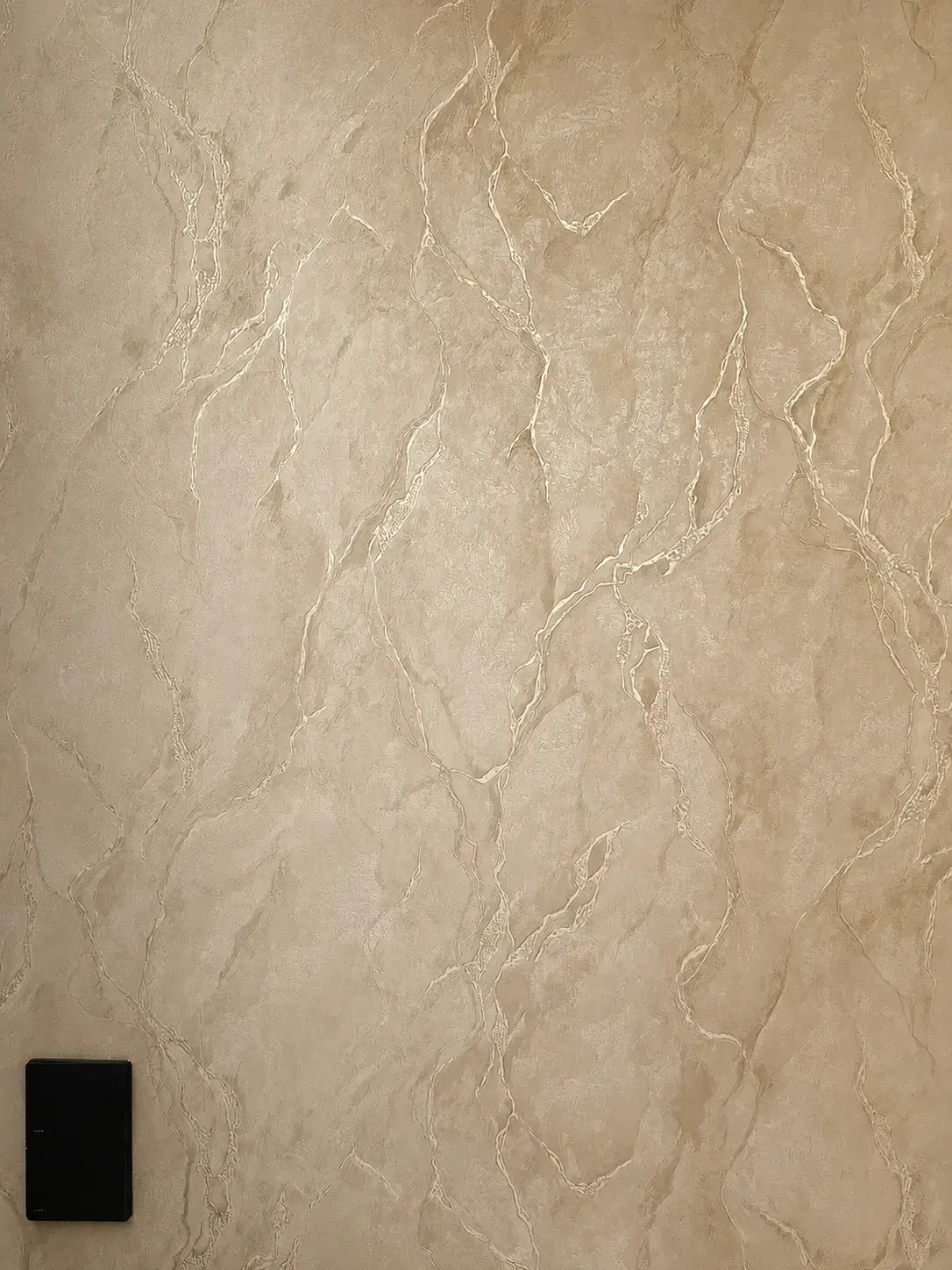 Pared con acabado texturizado tipo piedra y toma eléctrica negra