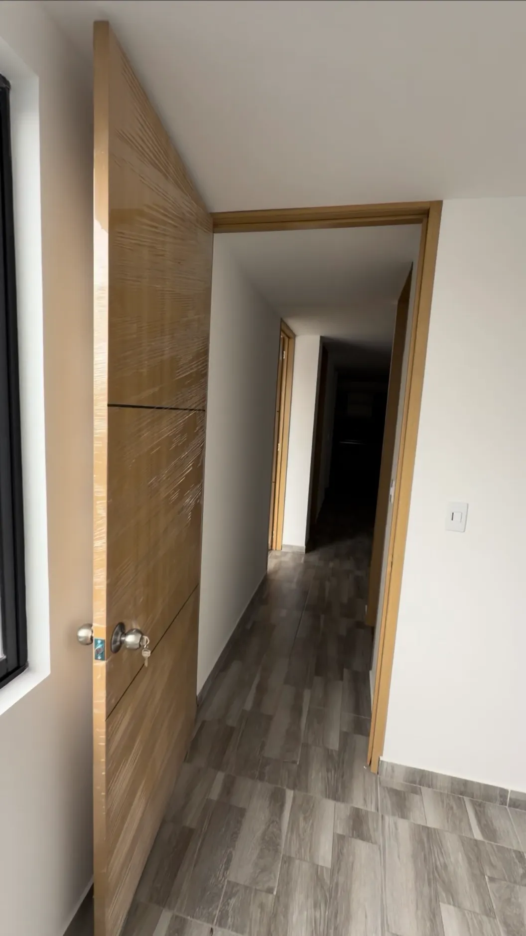 Pasillo con puerta de madera y piso tipo madera gris