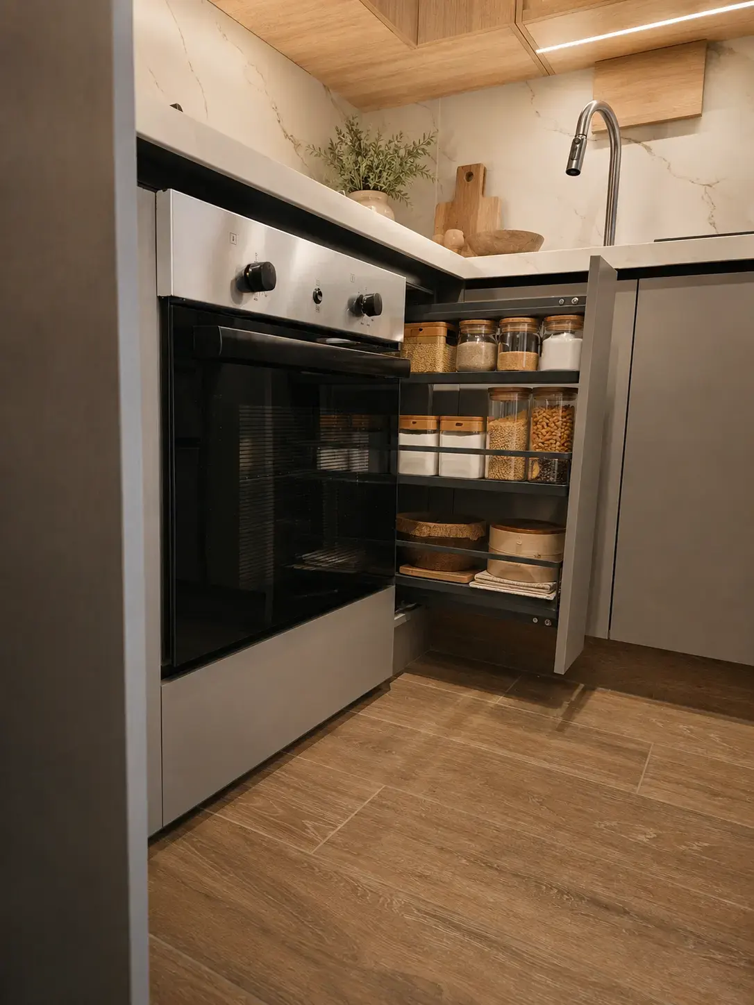 Cocina con horno empotrado, organizador extraíble y piso tipo madera