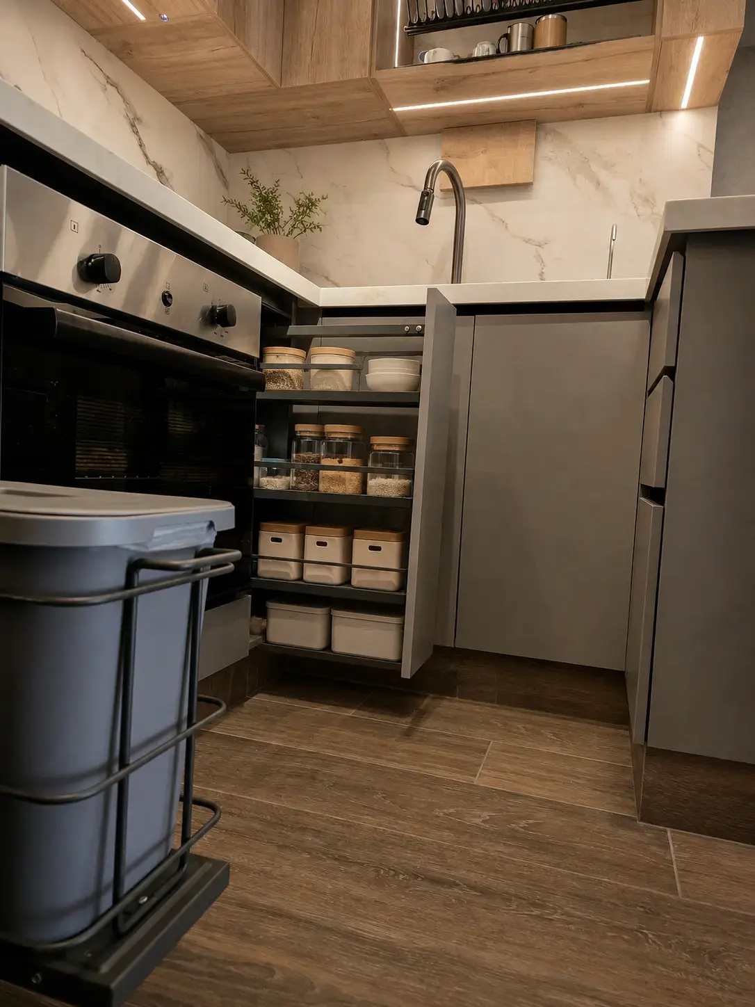 Cocina con basurero extraíble, despensero y horno empotrado
