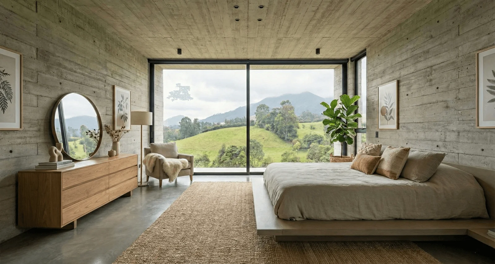 Habitación de concreto y madera con cama, cómoda y ventanal con vista