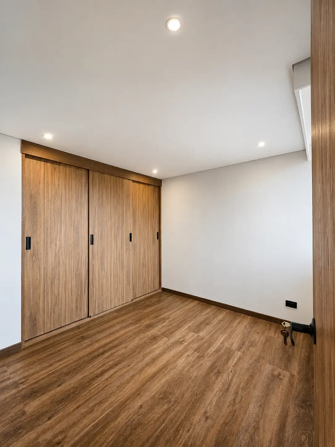 Closet de puertas corredizas de madera en habitación con piso laminado