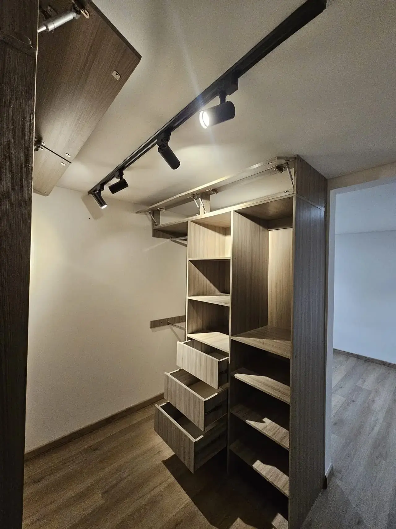 Vestier con repisas, cajones y luces de riel