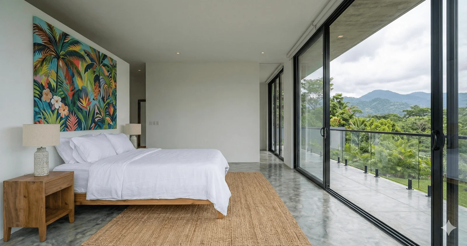 Habitación con cama blanca y balcón con vista a las montañas