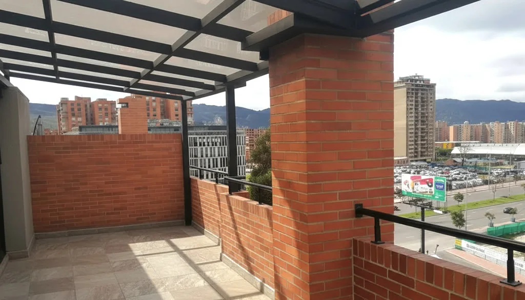 Terraza con muros de ladrillo cubierta por una estructura metálica oscura, con vista a la ciudad