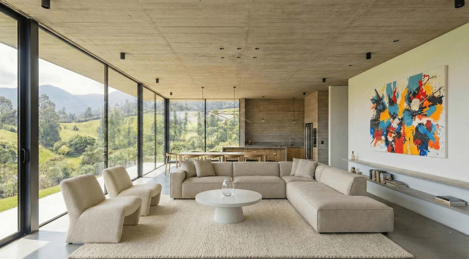 Sala amplia de concreto con ventanales, sofás claros y vista al paisaje